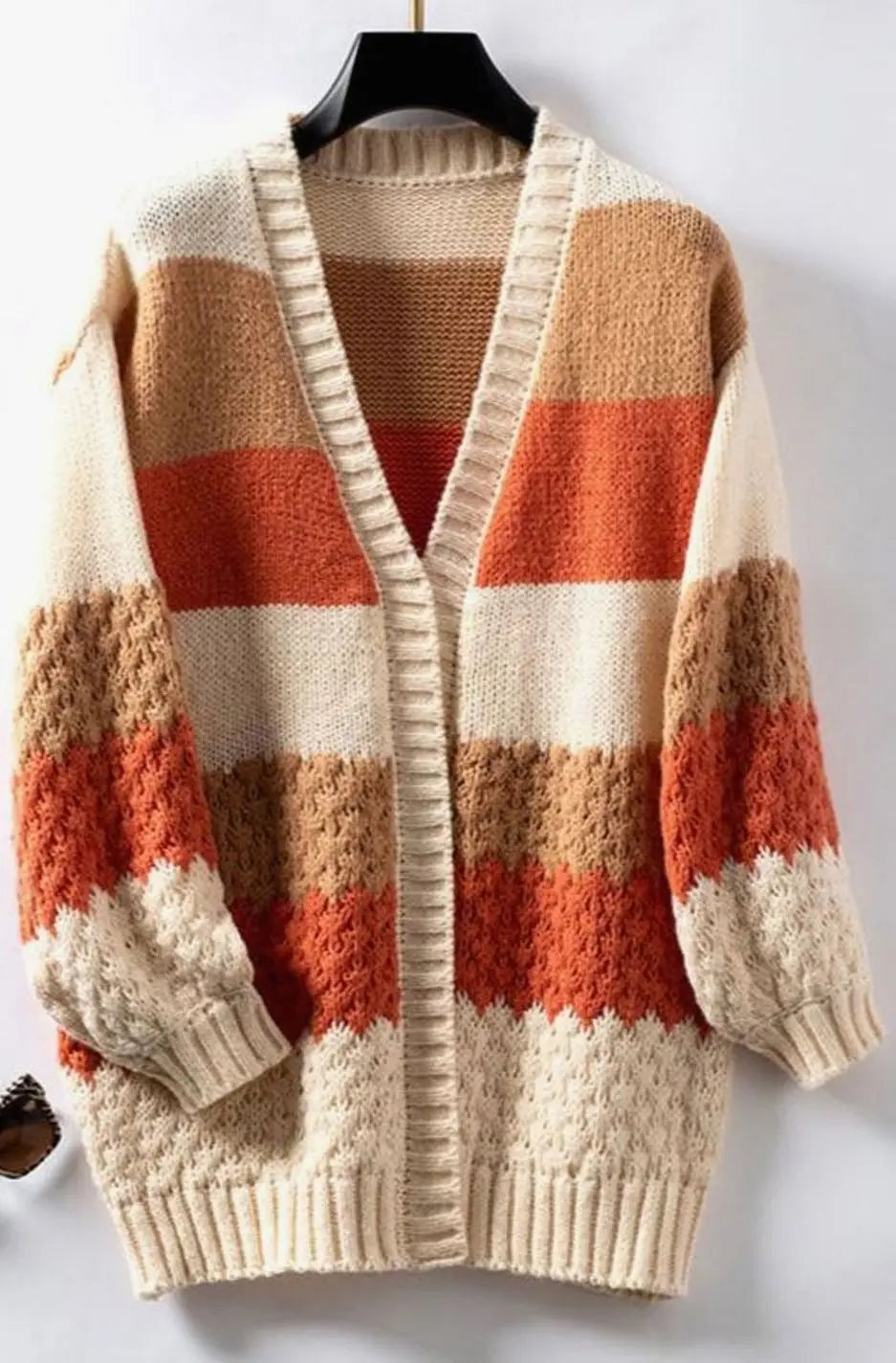 Women's Oversized Chunky Knit Cardigan Open-Front Striped Jumper - Orange