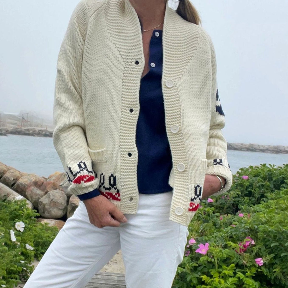 Women's Oversized Chunky Knit Nautical Whale Motif Cardigan
