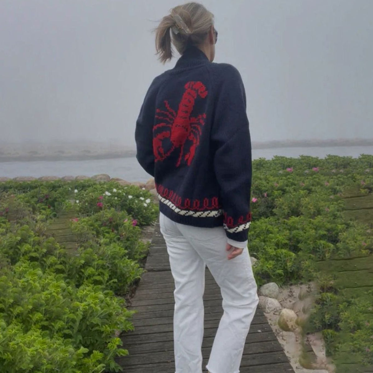 Women's Oversized Chunky Knit Nautical Whale Motif Cardigan