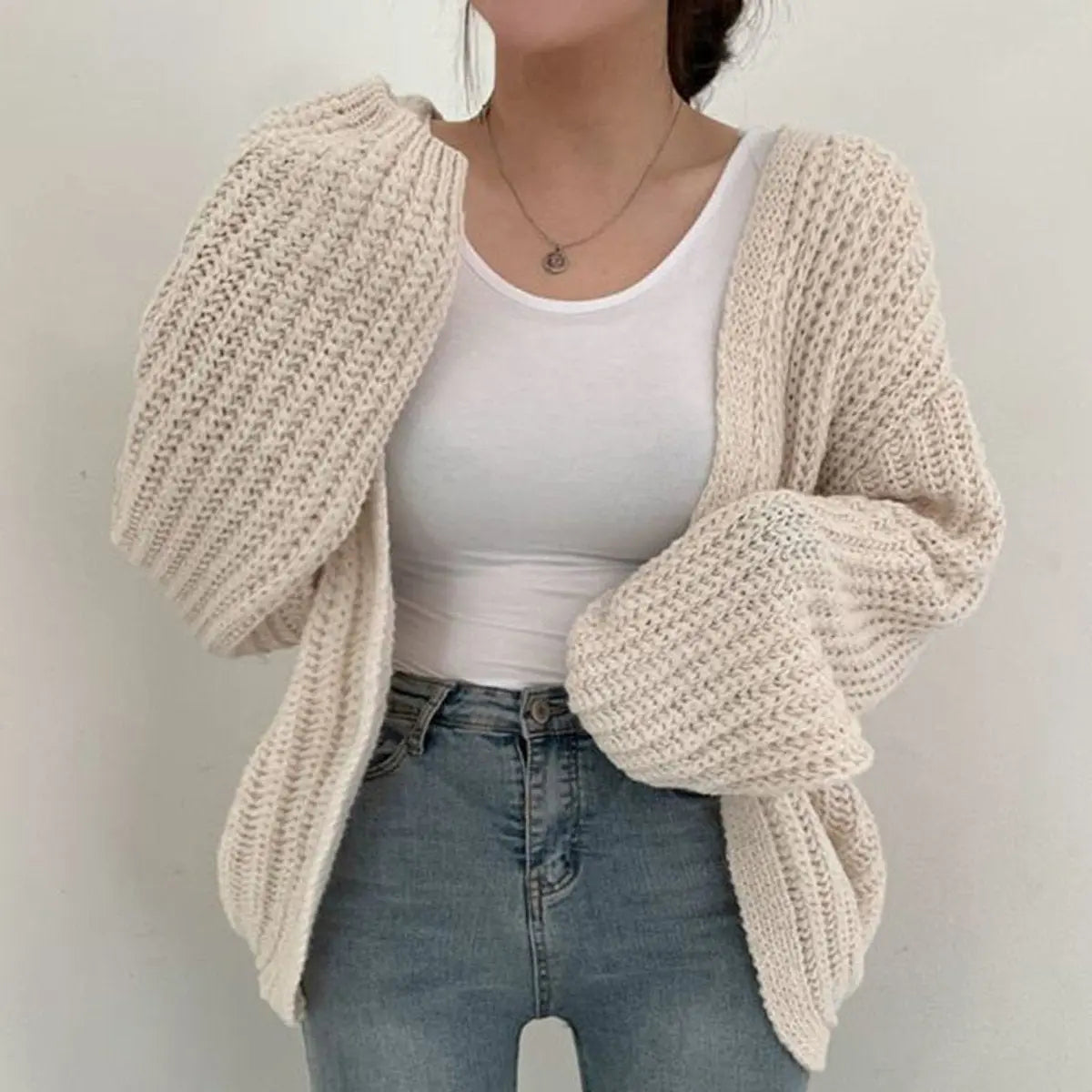 Women's Oversized Chunky Knit Open Front Cardigan Balloon Sleeves - White