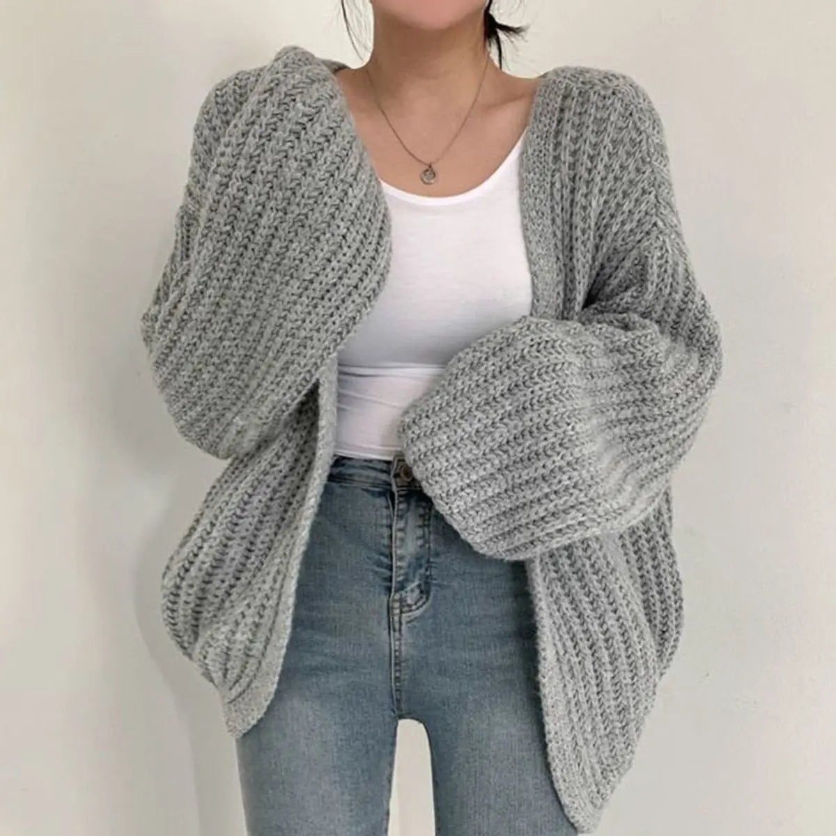 Women's Oversized Chunky Knit Open Front Cardigan Balloon Sleeves - Grey