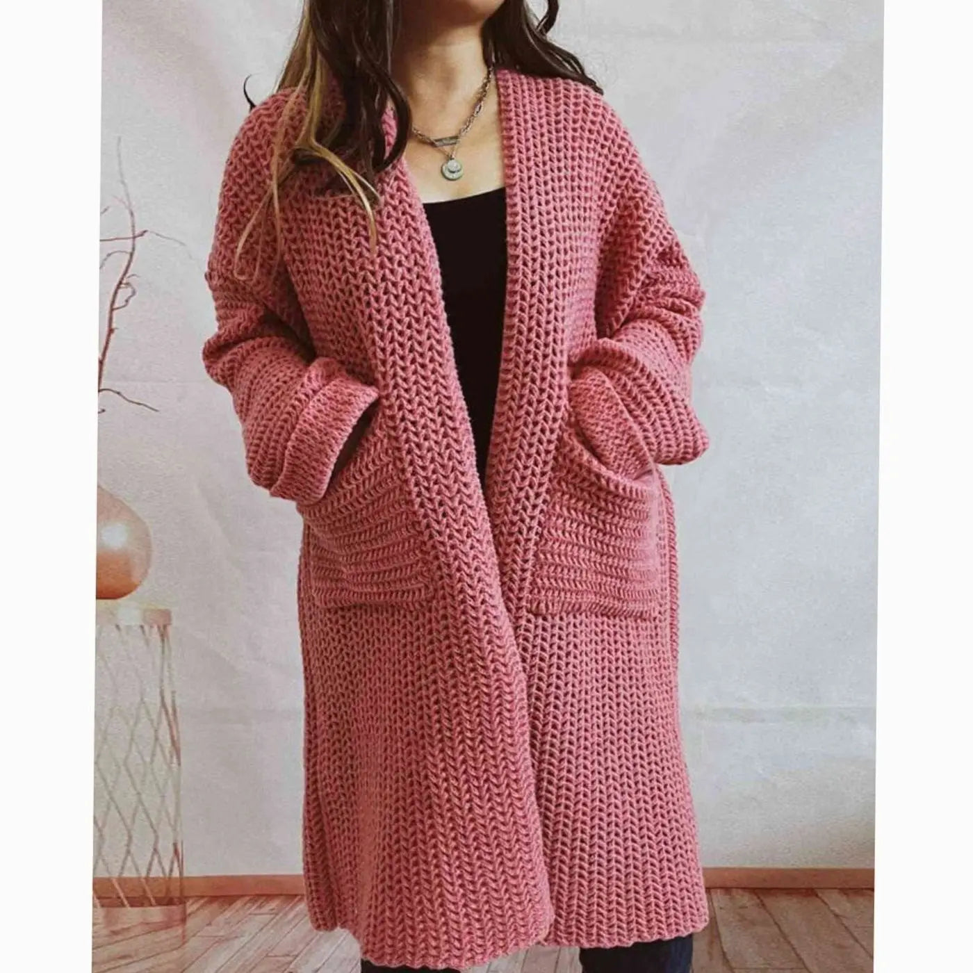 Women's Oversized Chunky Knit Open-Front Cardigan with Pockets - Dusty Pink
