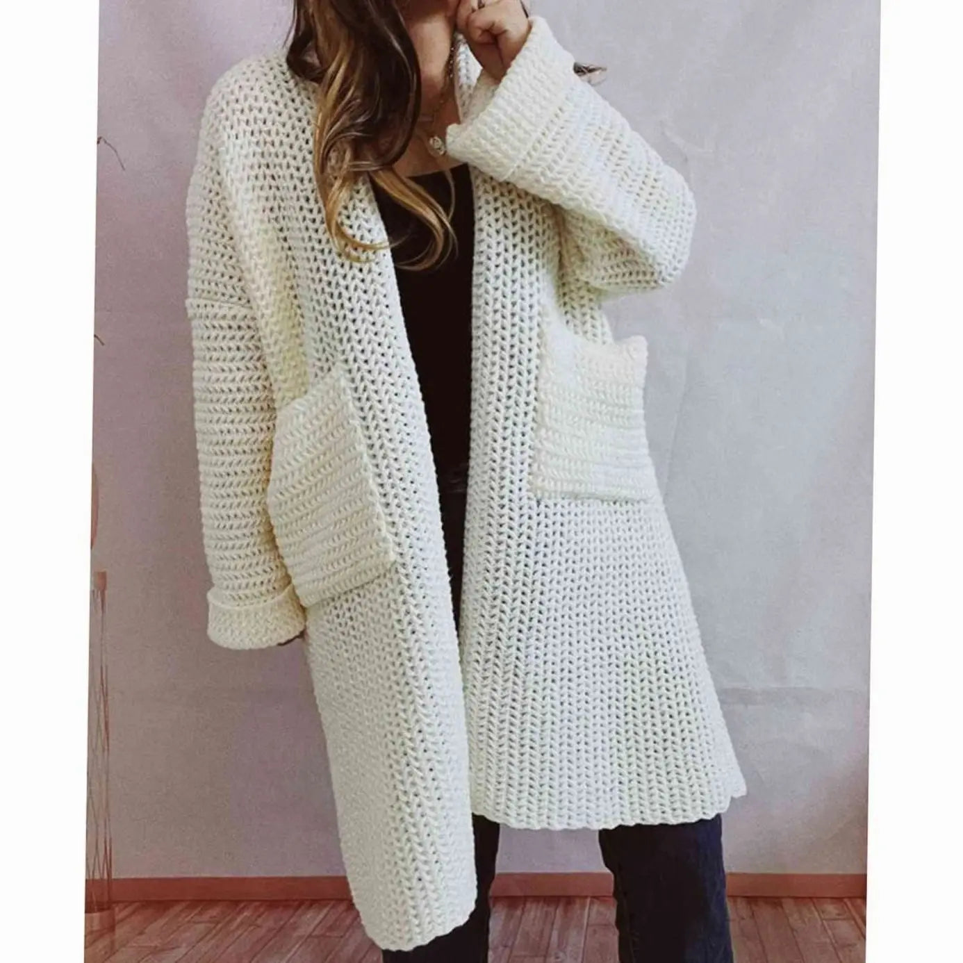 Women's Oversized Chunky Knit Open-Front Cardigan with Pockets