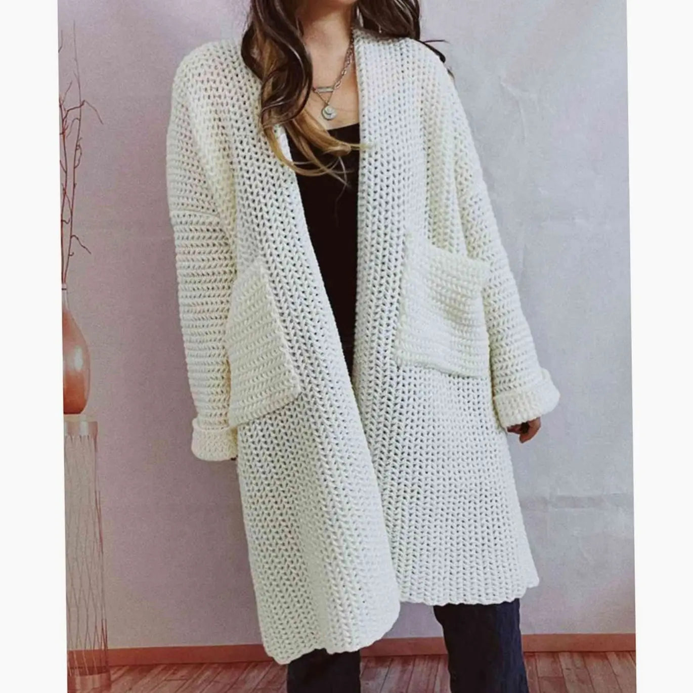 Women's Oversized Chunky Knit Open-Front Cardigan with Pockets