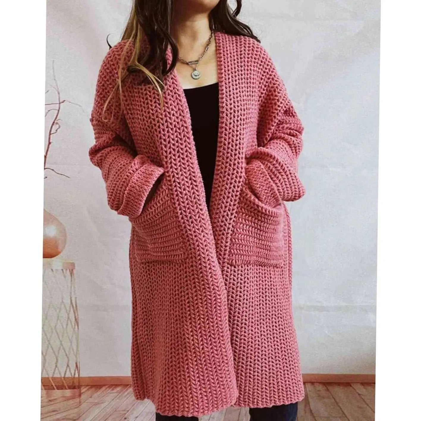 Women's Oversized Chunky Knit Open-Front Cardigan with Pockets
