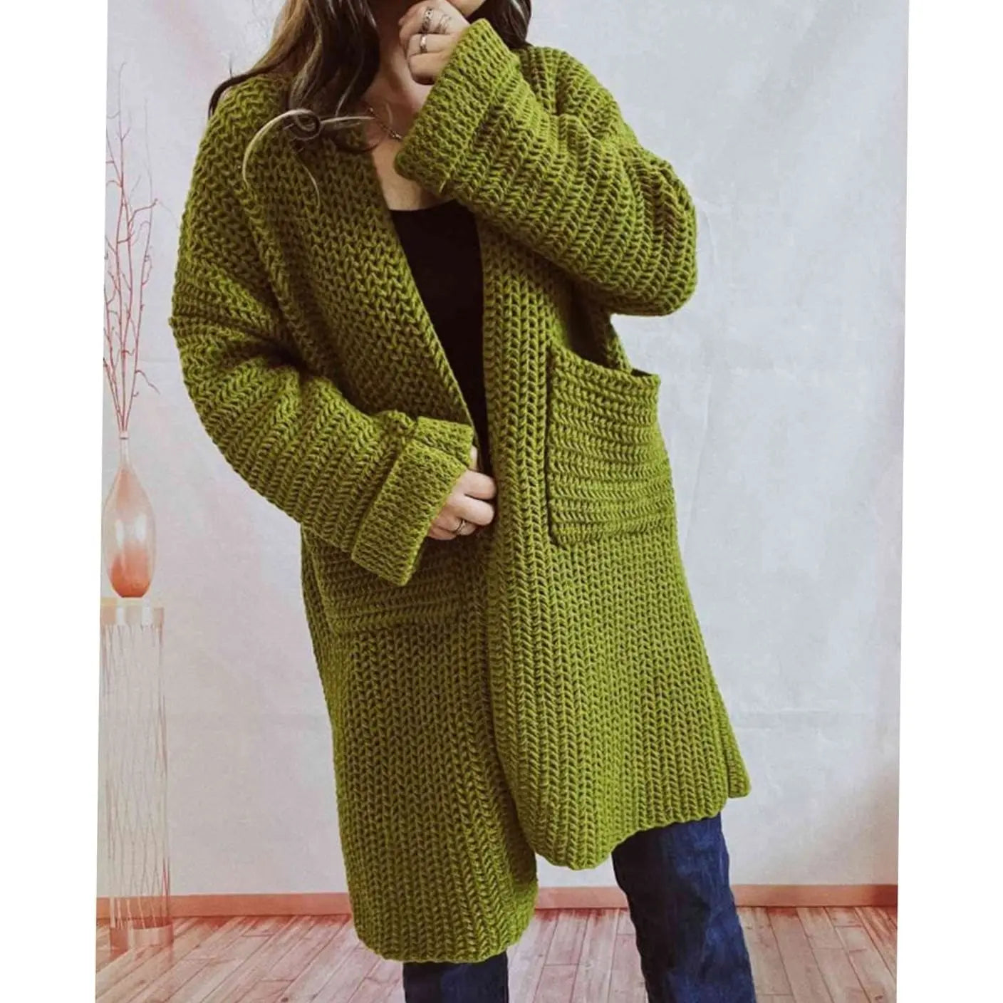 Women's Oversized Chunky Knit Open-Front Cardigan with Pockets