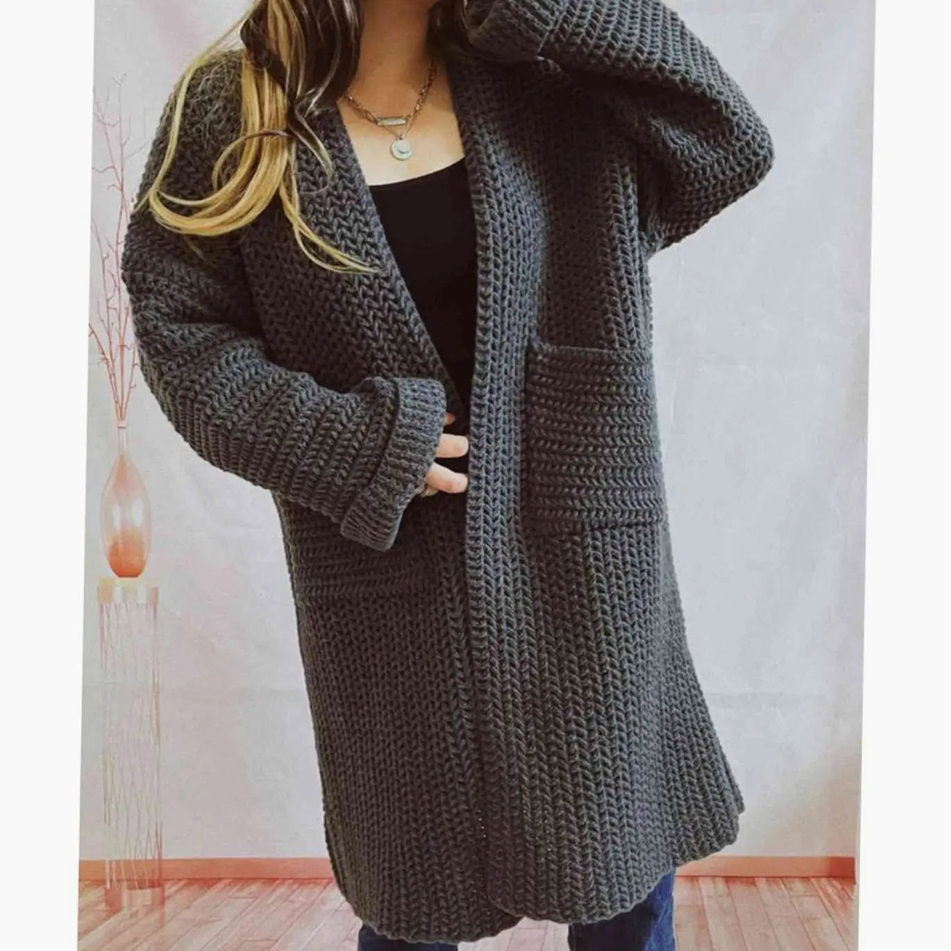 Women's Oversized Chunky Knit Open-Front Cardigan with Pockets - Charcoal