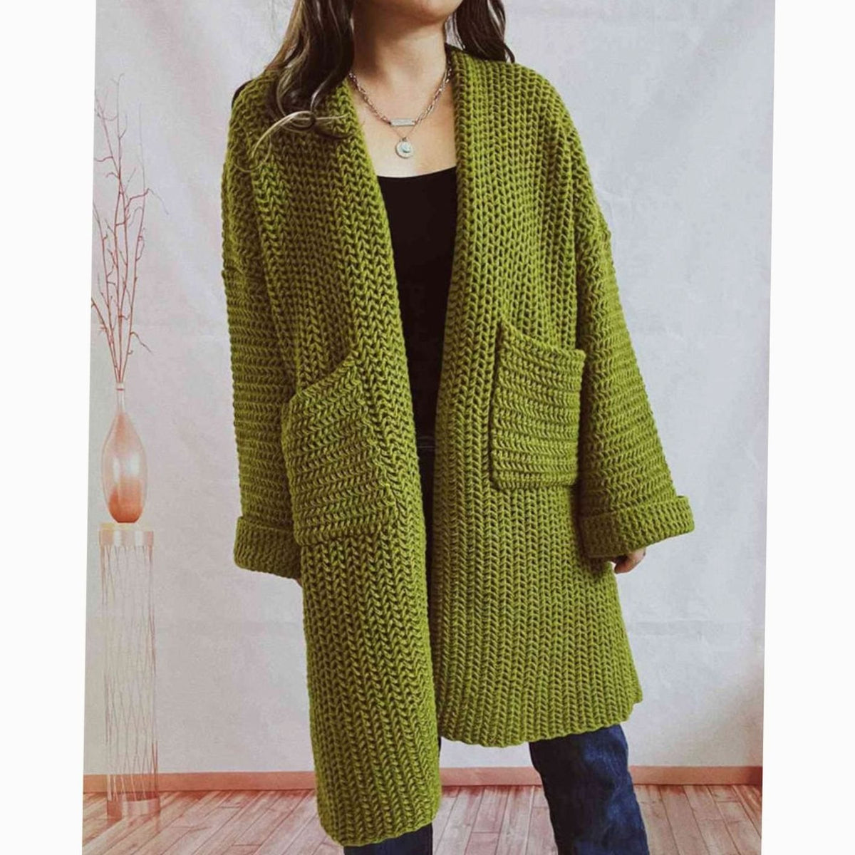Women's Oversized Chunky Knit Open-Front Long Cardigan with Pockets - Moss Green