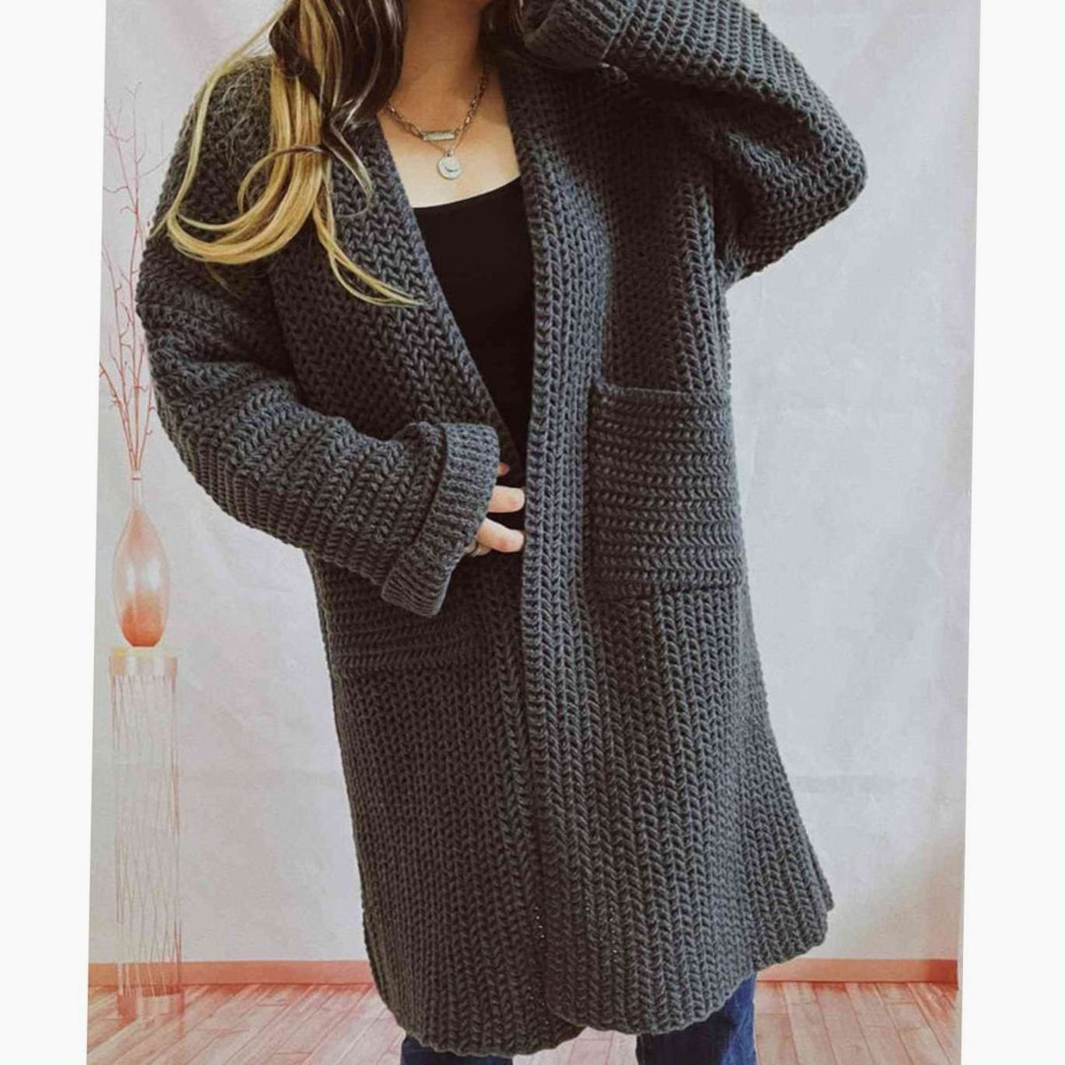 Women's Oversized Chunky Knit Open-Front Long Cardigan with Pockets - Charcoal