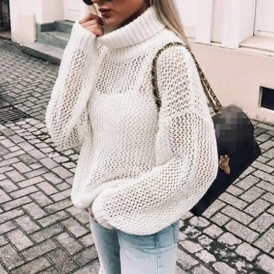 Women's Oversized Chunky Knit Turtleneck Jumper Balloon Sleeve - White
