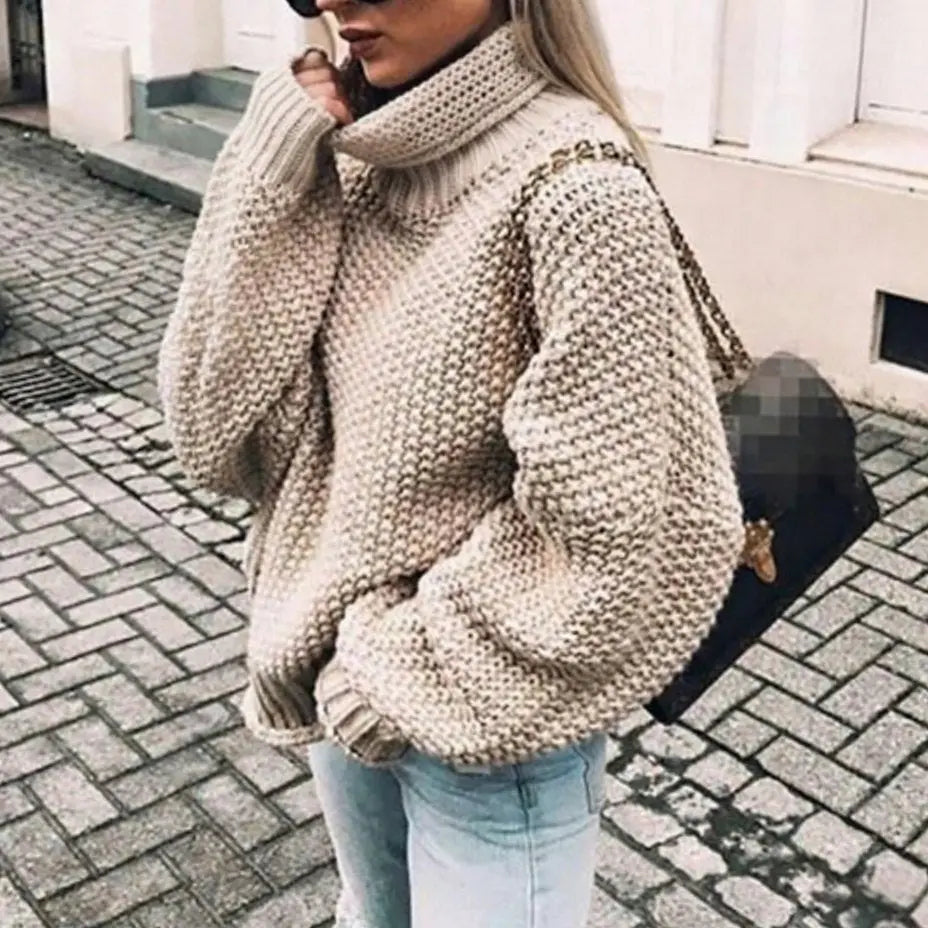 Women's Oversized Chunky Knit Turtleneck Jumper Balloon Sleeve - Khaki