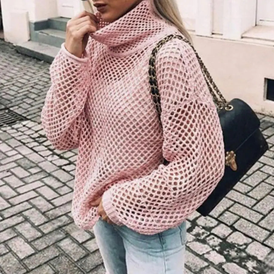 Women's Oversized Chunky Knit Turtleneck Jumper Balloon Sleeve - Pink