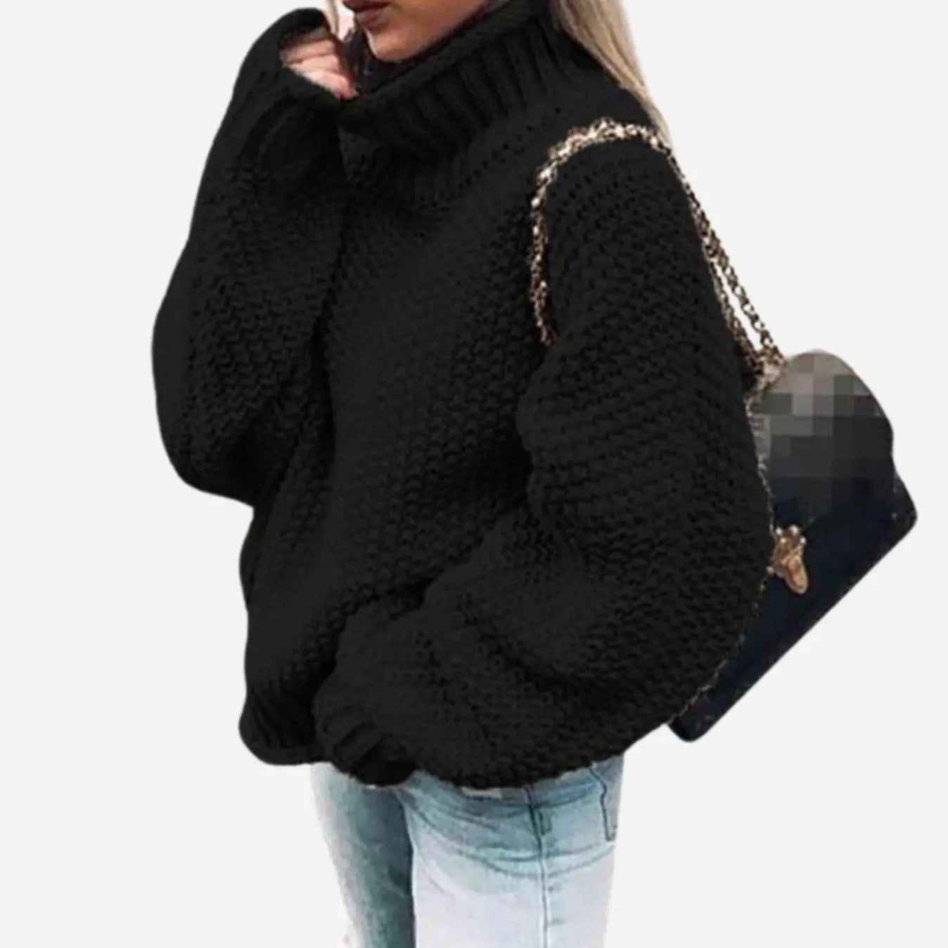 Women's Oversized Chunky Turtleneck Knit Jumper - Black