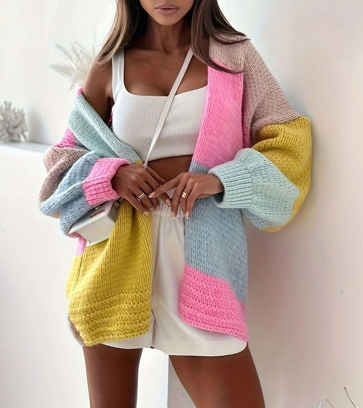 Women's Oversized Colour Block Knit Button-Front Cardigan