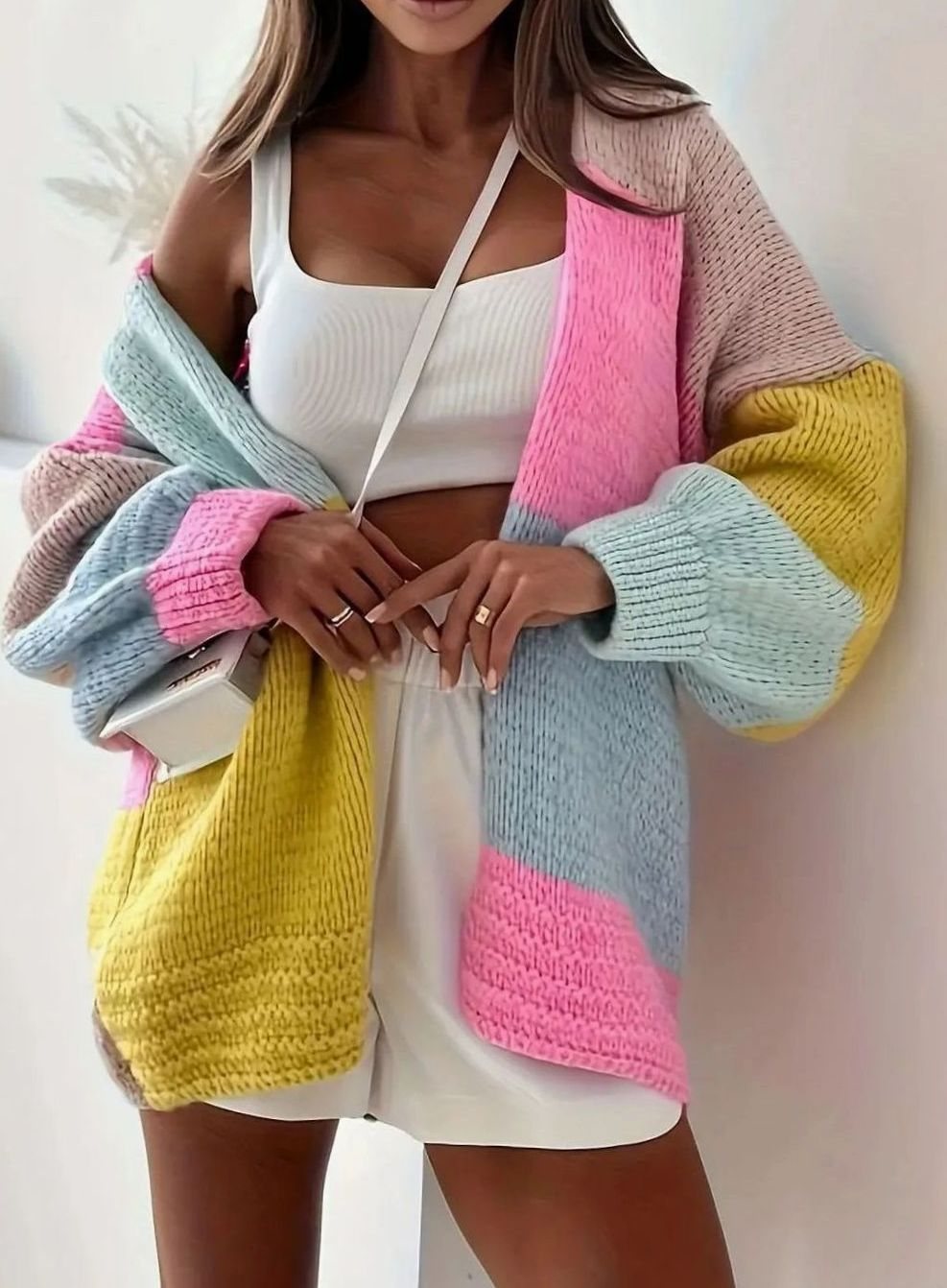 Women's Oversized Colour Block Knit Button-Front Cardigan - Pink