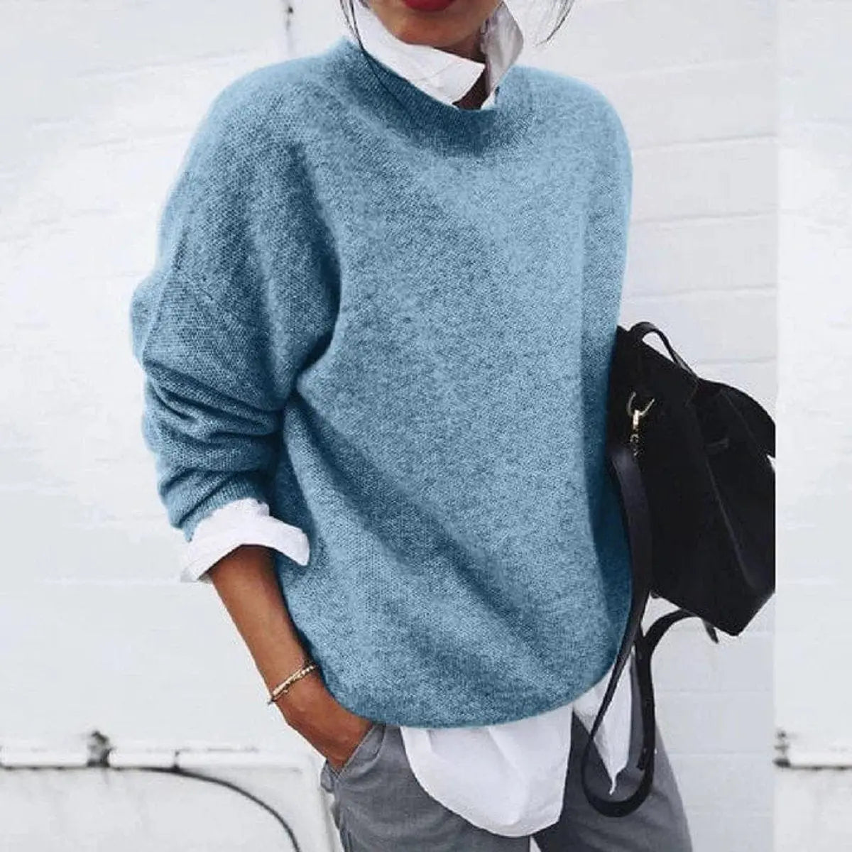Women's Oversized Crew Neck Soft Knit Sweater Jumper - Blue