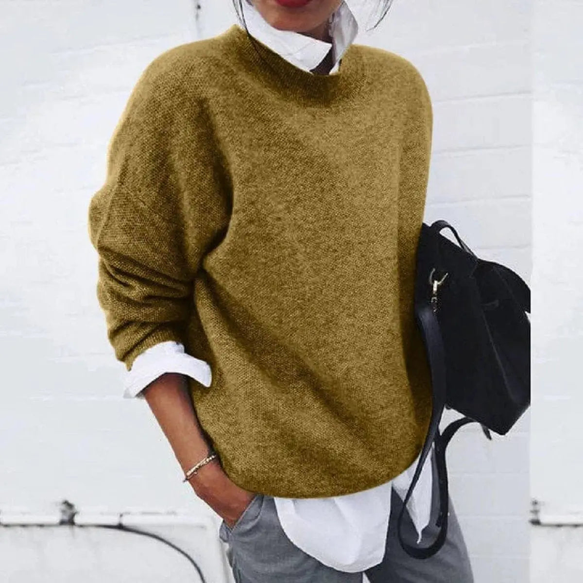 Women's Oversized Crew Neck Soft Knit Sweater Jumper - Khaki