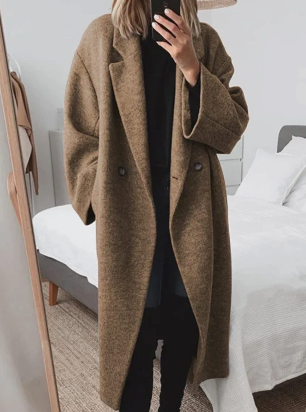 Women's Oversized Double-Breasted Longline Wool-Blend Coat - Brown