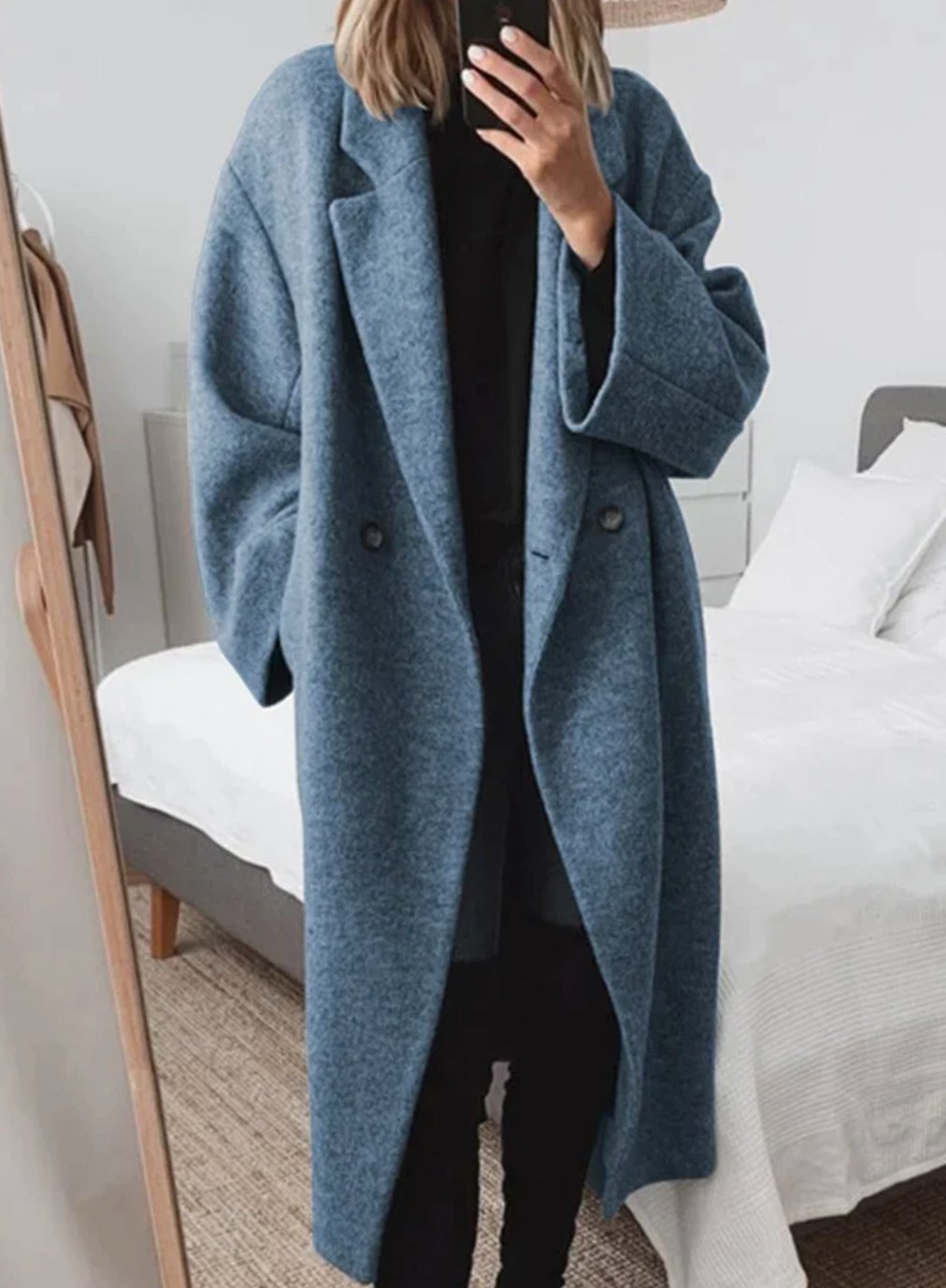 Women's Oversized Double-Breasted Longline Wool-Blend Coat - Blue