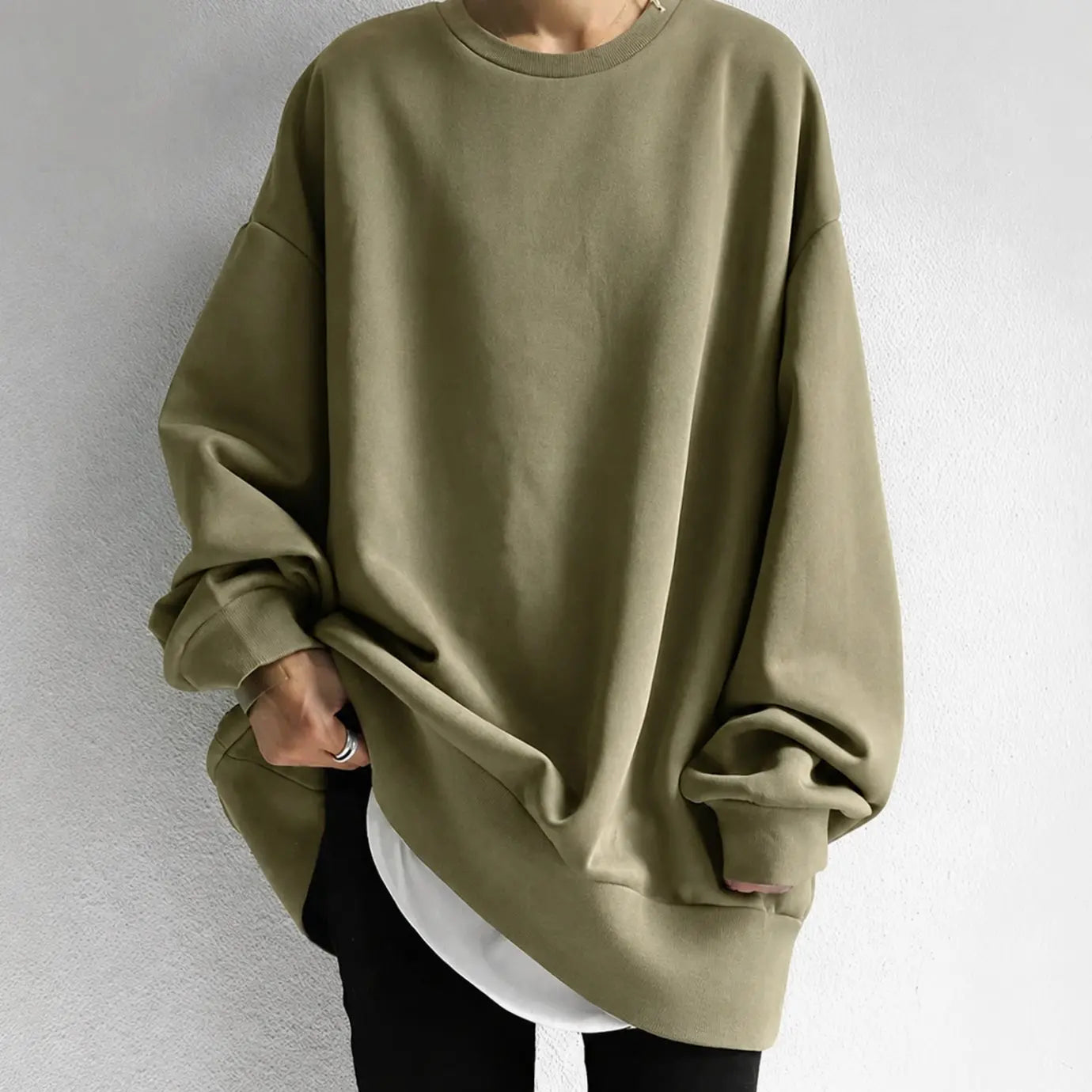 Women's Oversized Drop-Shoulder Tunic Jumper Long Sleeve Crewneck - Brown