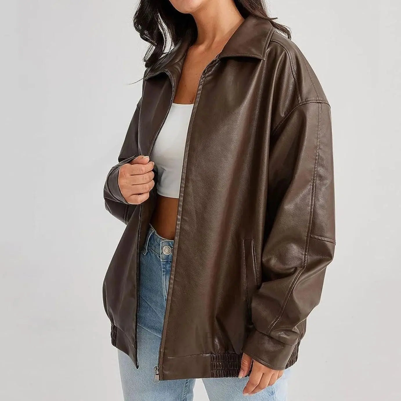 Women's Oversized Faux Leather Zip-Up Trendy Jacket - Brown