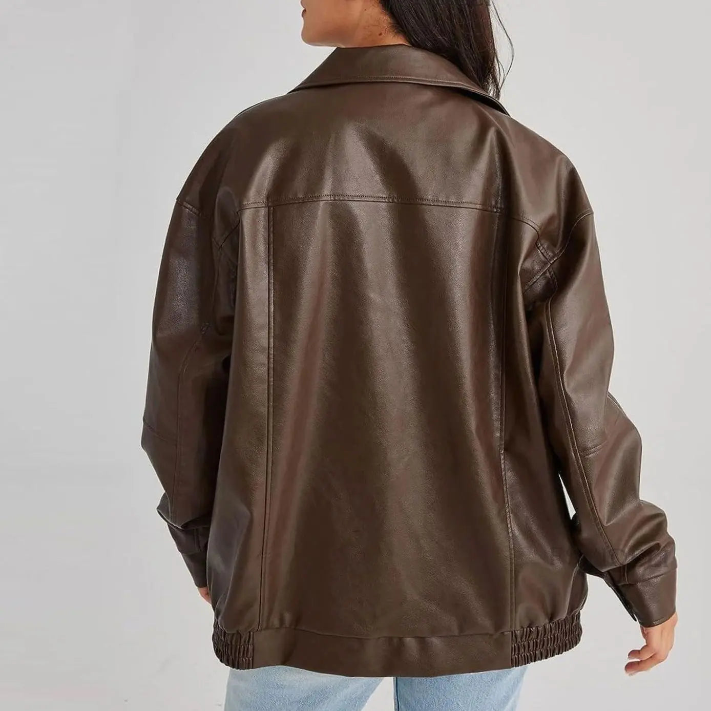 Women's Oversized Faux Leather Zip-Up Trendy Jacket