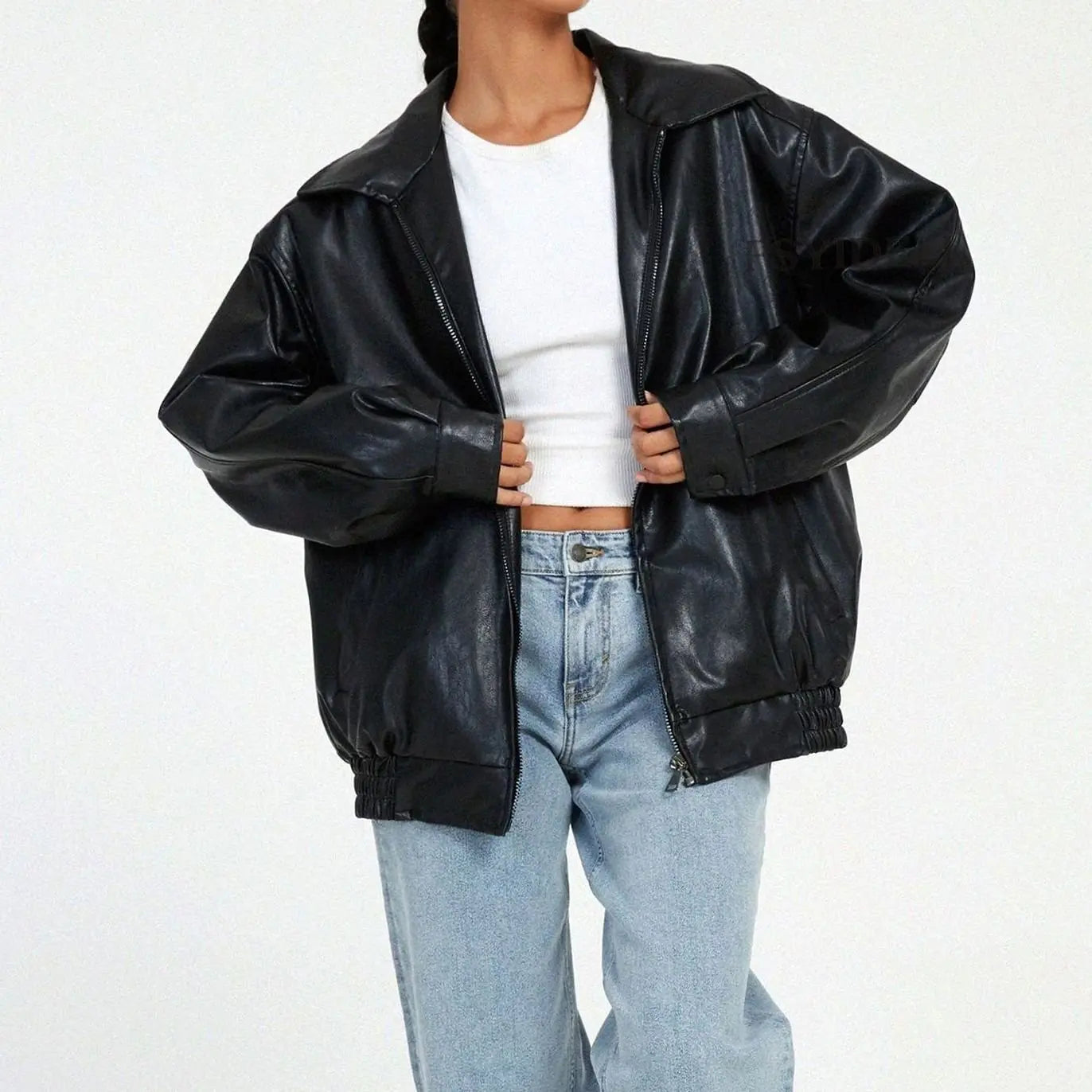 Women's Oversized Faux Leather Zip-Up Trendy Jacket - Black