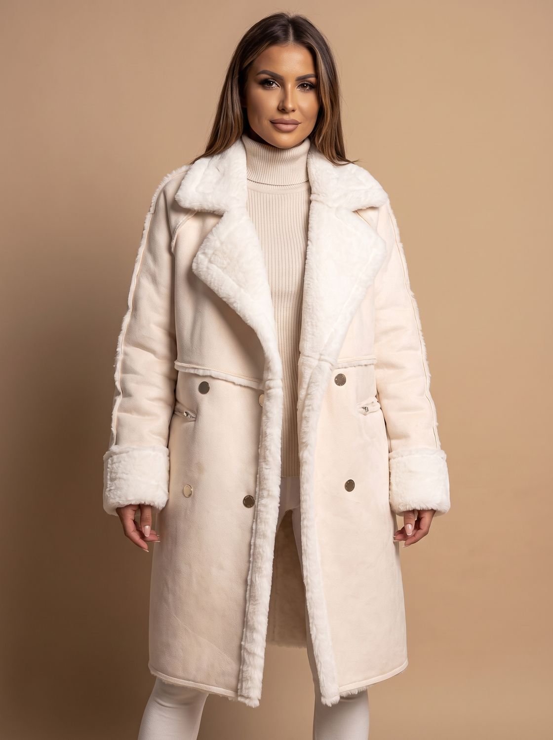 Women's Oversized Faux Shearling Double-Breasted Long Coat