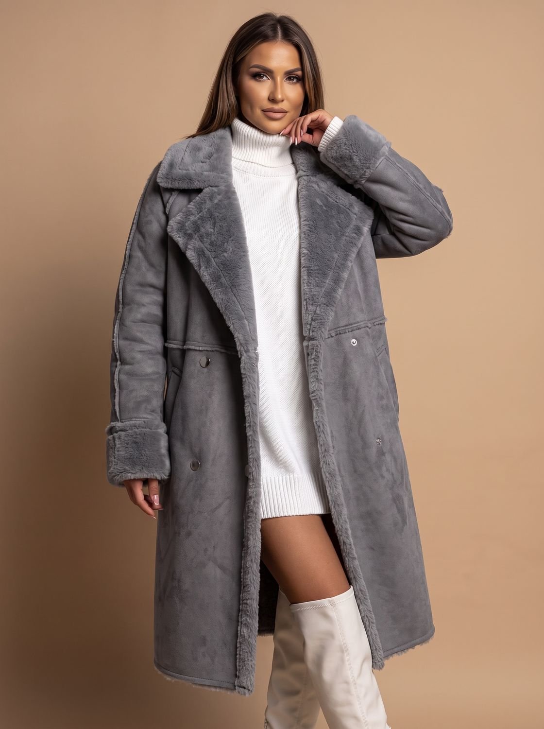 Women's Oversized Faux Shearling Double-Breasted Long Coat - Gray