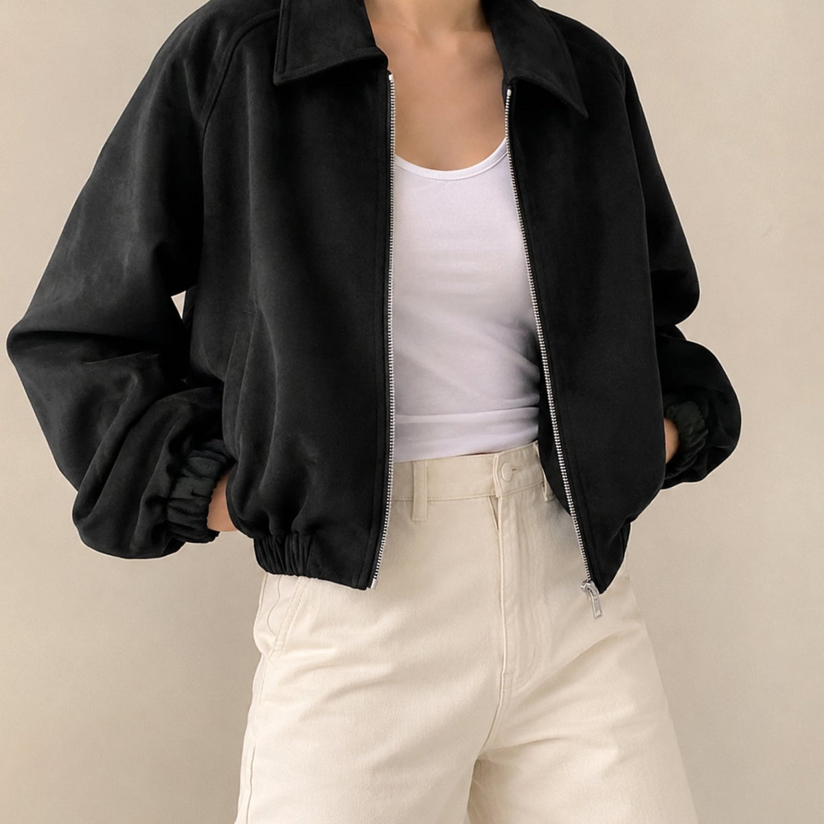 Women's Oversized Faux Suede Cropped Zip-Up Jacket