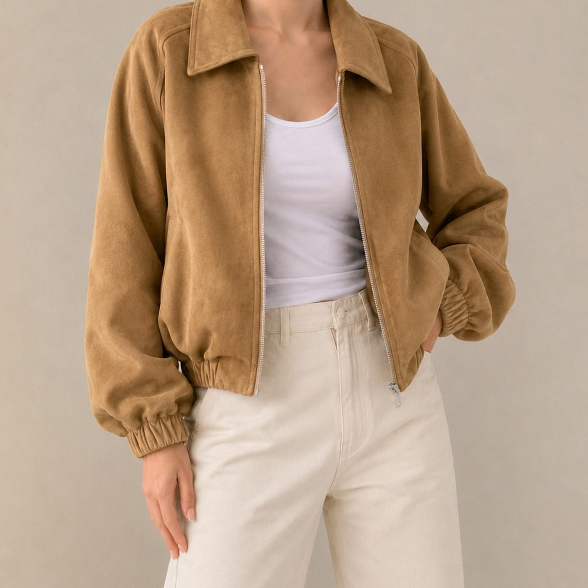Women's Oversized Faux Suede Cropped Zip-Up Jacket - Camel