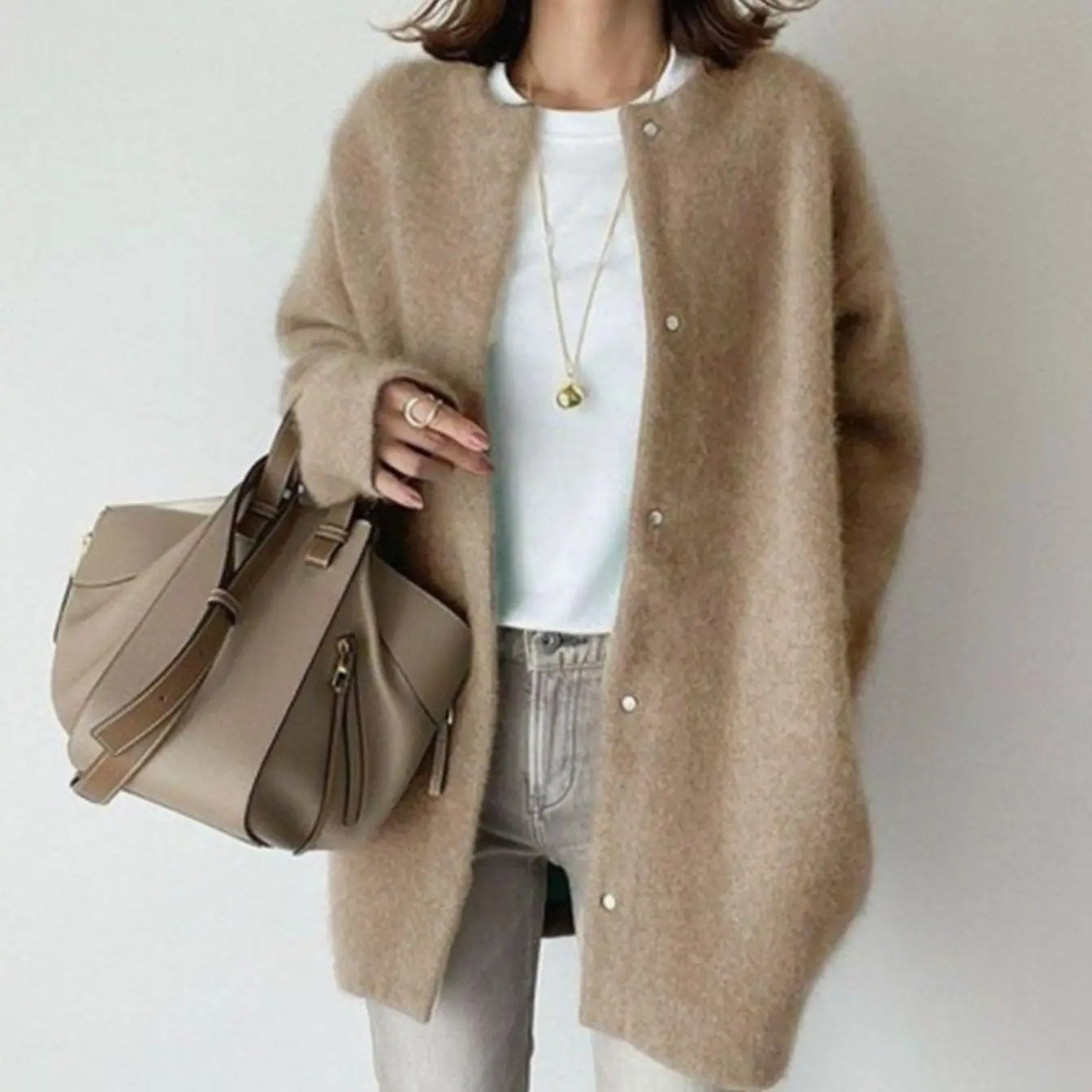 Women's Oversized Fluffy Button-Down Winter Cardigan - Khaki