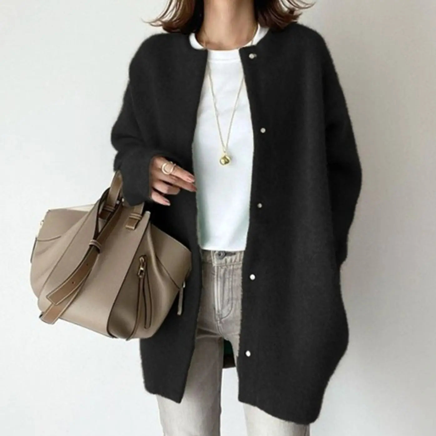 Women's Oversized Fluffy Button-Down Winter Cardigan - Black