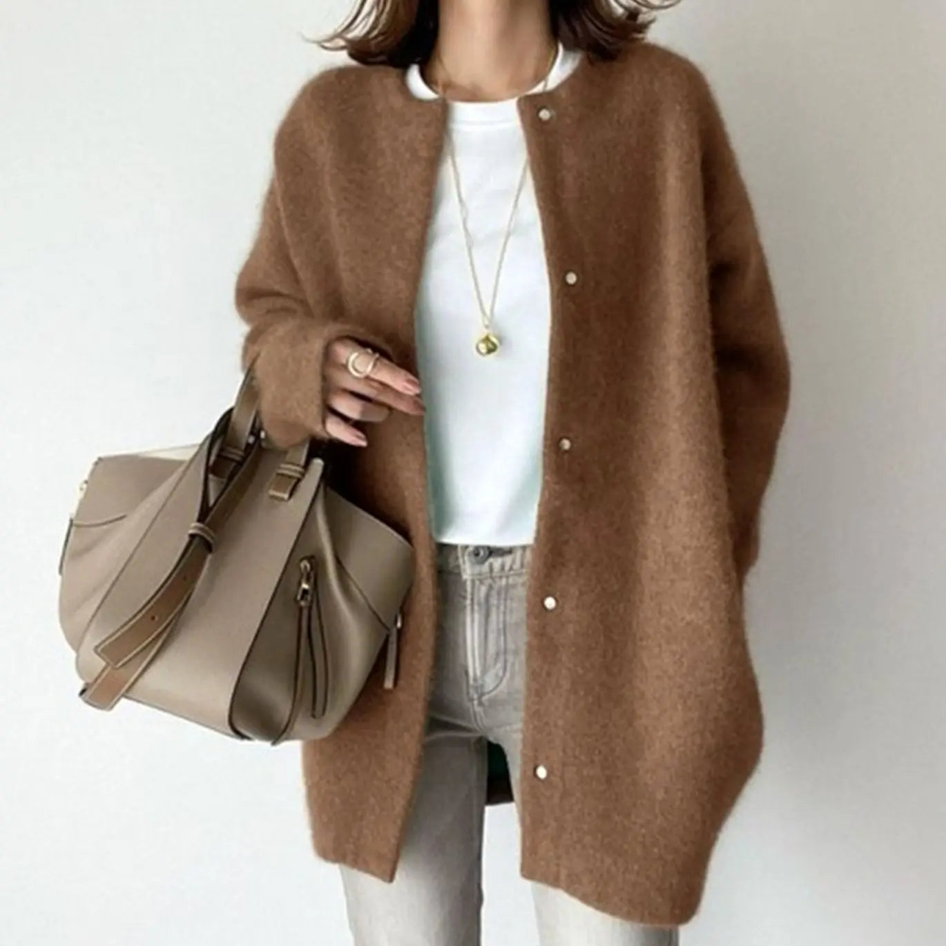 Women's Oversized Fluffy Button-Down Winter Cardigan - Caramel