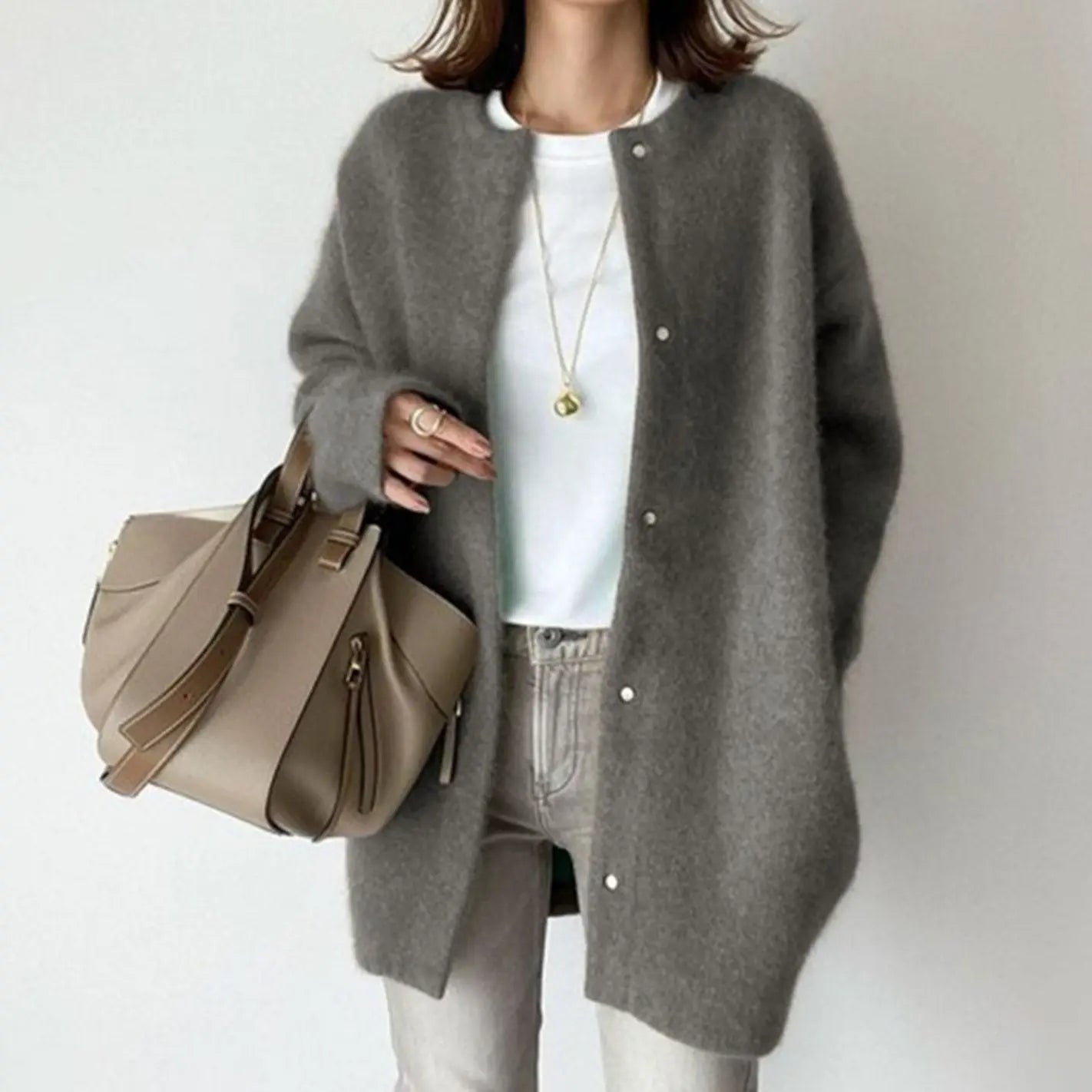 Women's Oversized Fluffy Button-Down Winter Cardigan - Grey