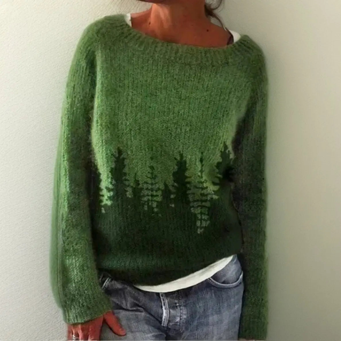 Women's Oversized Forest Print Long Sleeve Knit Sweater Jumper
