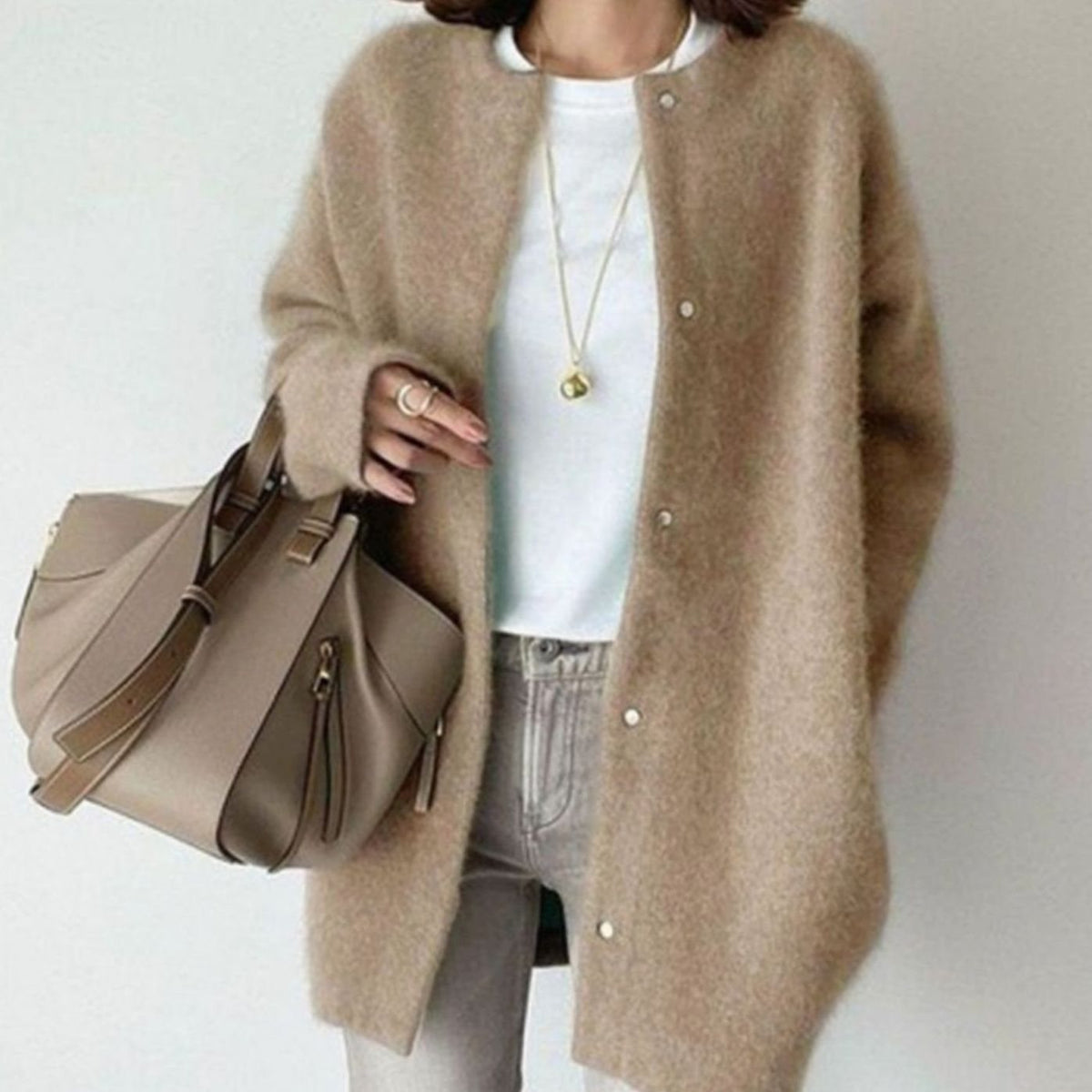 Women's Oversized Fuzzy Knit Snap-Button Longline Cardigan - Khaki