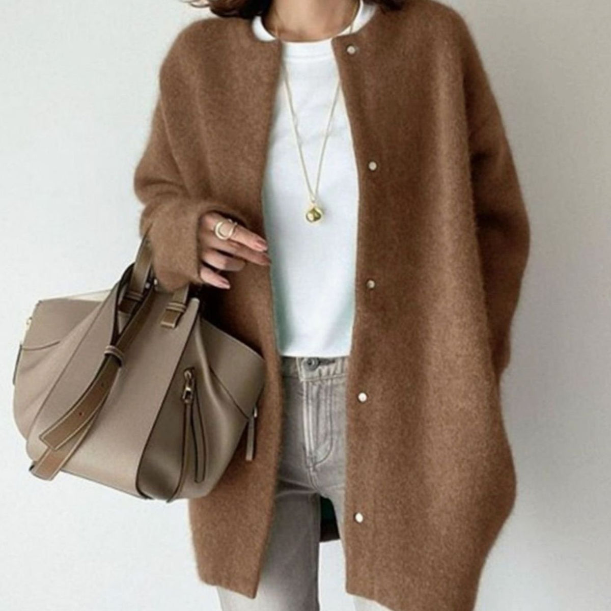Women's Oversized Fuzzy Knit Snap-Button Longline Cardigan - Caramel