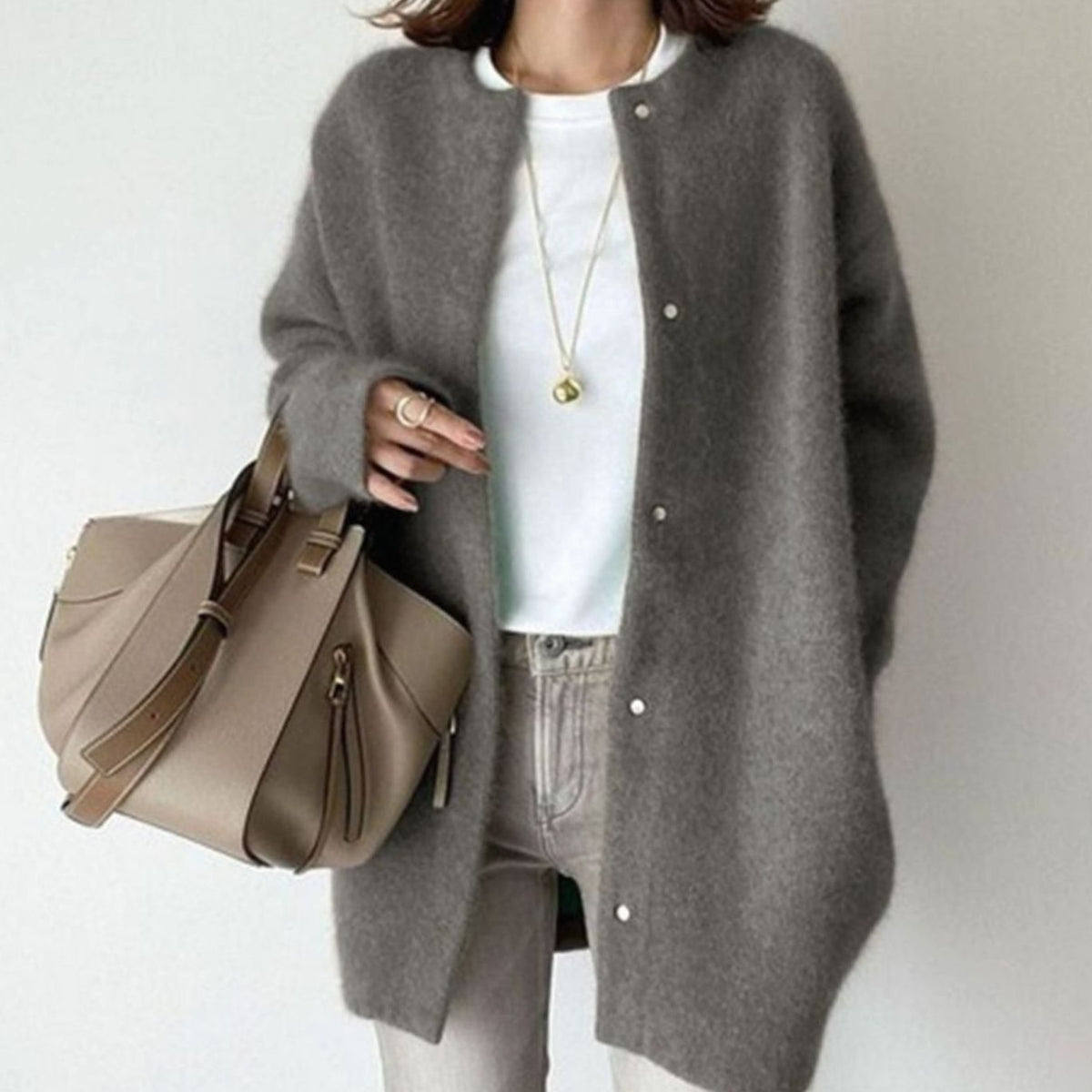 Women's Oversized Fuzzy Knit Snap-Button Longline Cardigan - Grey