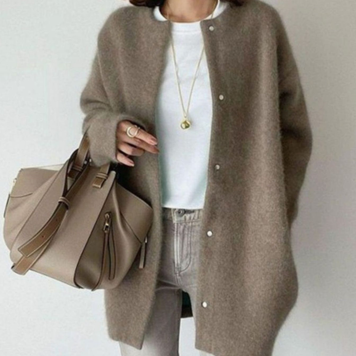 Women's Oversized Fuzzy Knit Snap-Button Longline Cardigan - Coffee