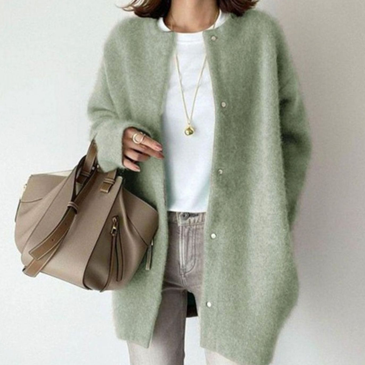 Women's Oversized Fuzzy Knit Snap-Button Longline Cardigan - Green