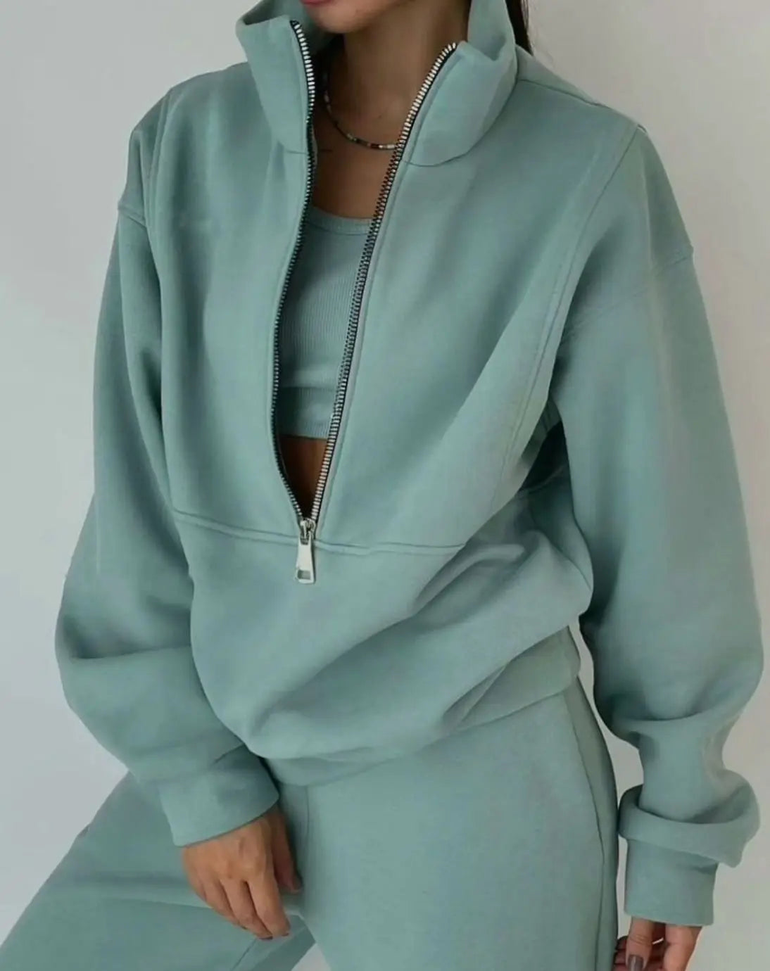 Women's Oversized Half-Zip Cropped Jogger Two-Piece Set - Green