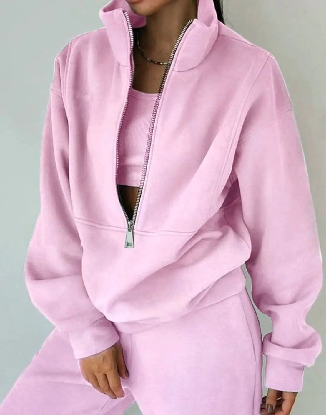 Women's Oversized Half-Zip Cropped Jogger Two-Piece Set - Pink