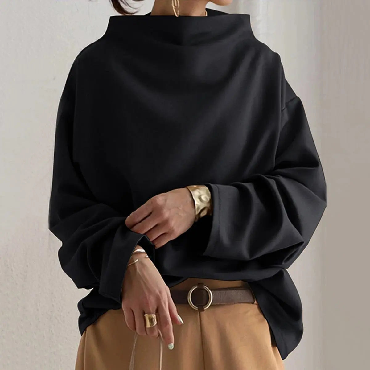 Women's Oversized High-Neck Knit Sweater Relaxed Pullover Top - Black