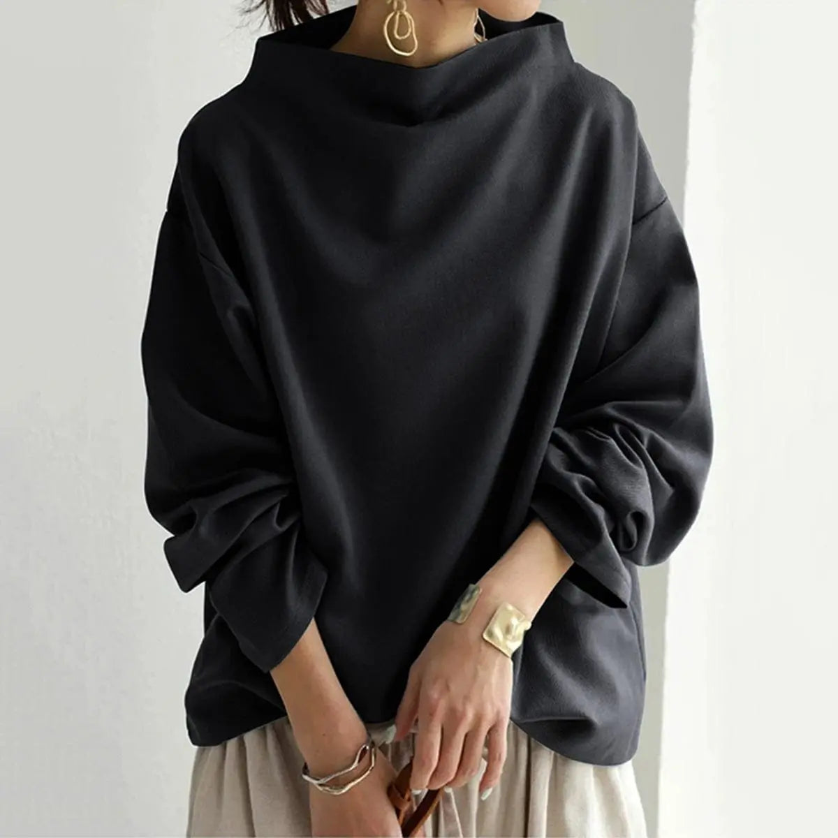 Women's Oversized High-Neck Knit Sweater Relaxed Pullover Top