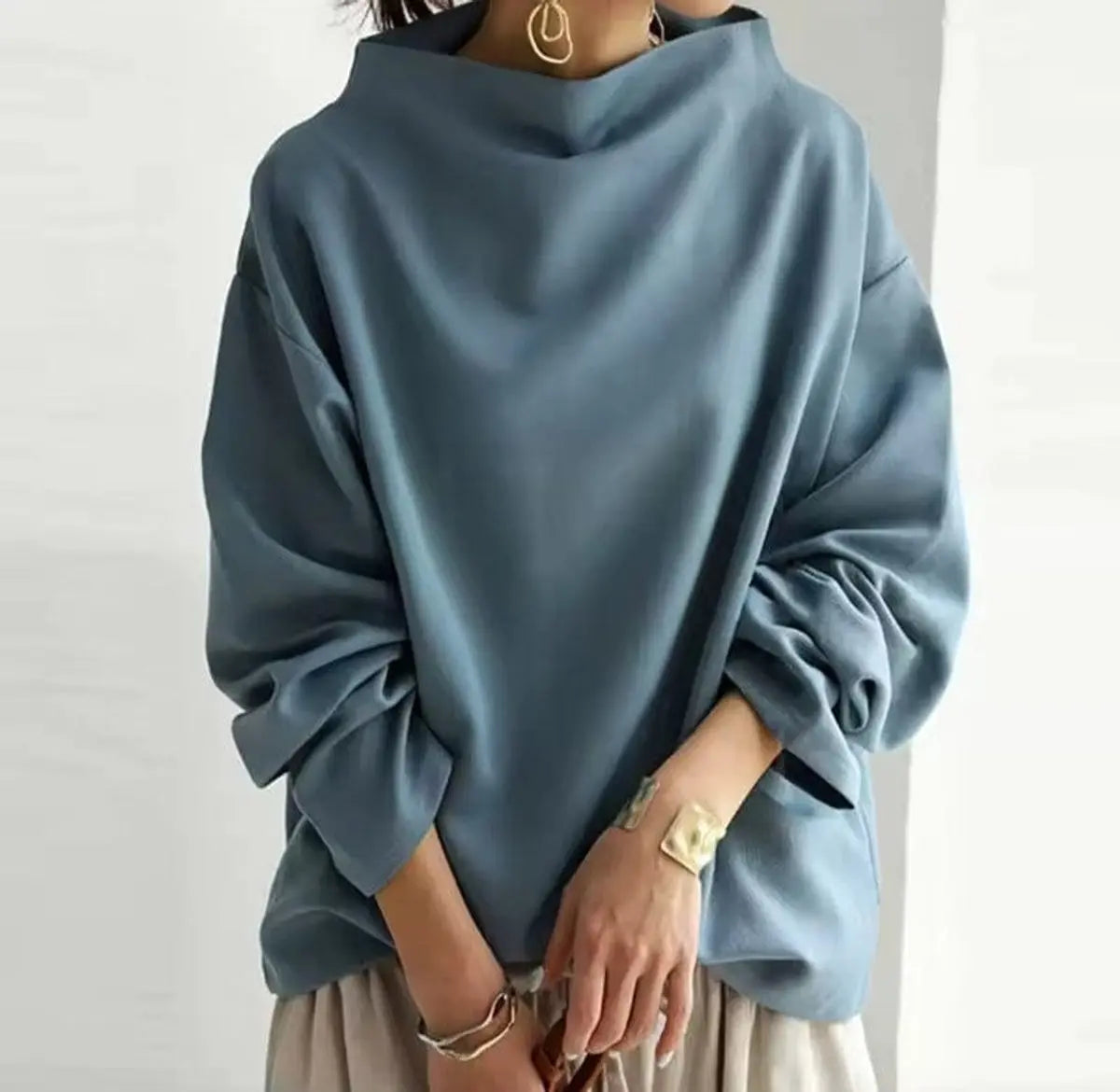Women's Oversized High-Neck Knit Sweater Relaxed Pullover Top - Blue
