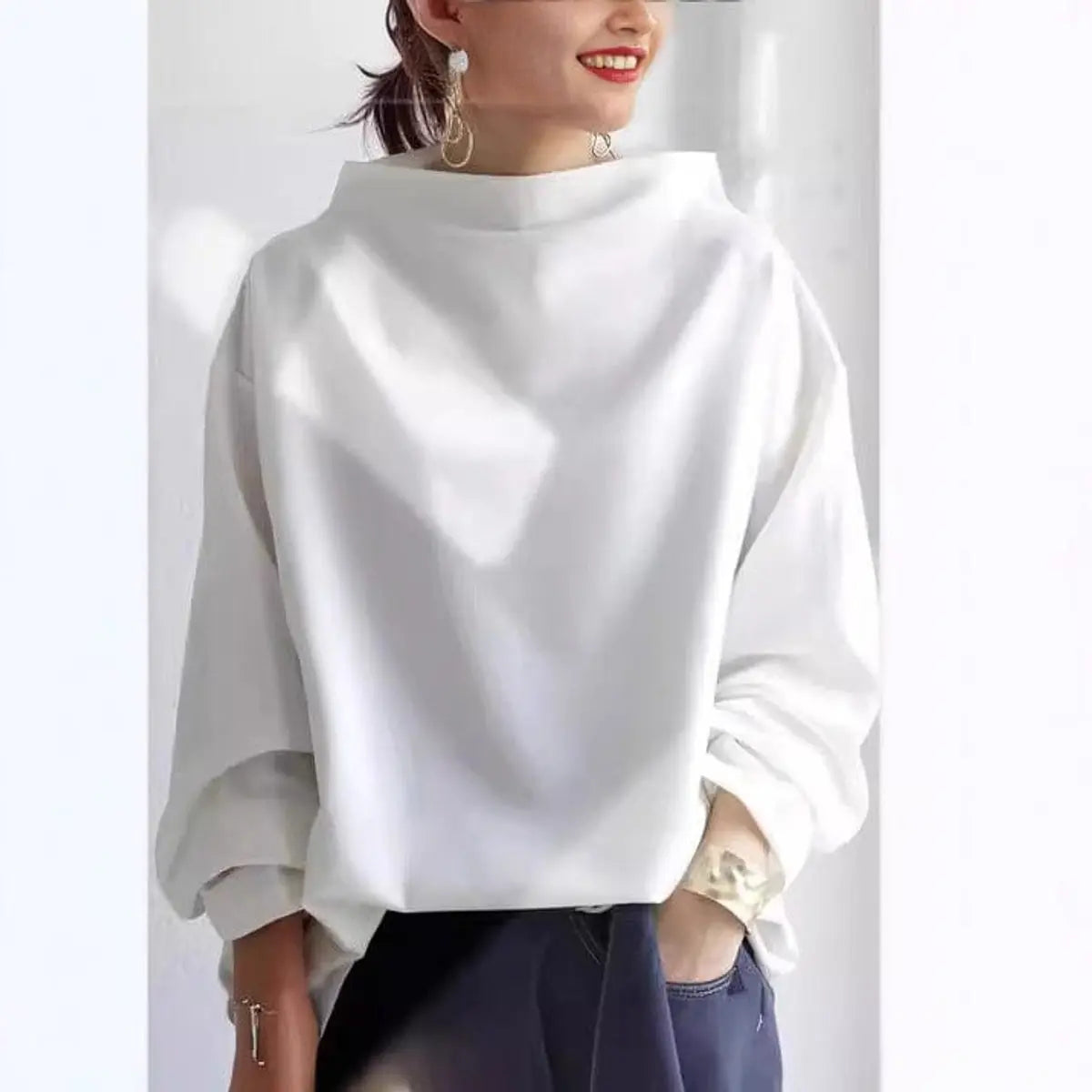 Women's Oversized High-Neck Knit Sweater Relaxed Pullover Top - White