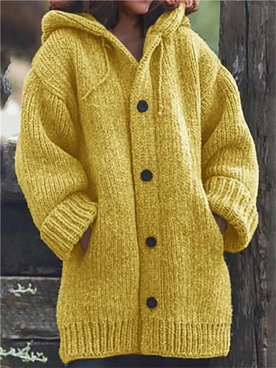 Women's Oversized Hooded Knit Button-Up Cardigan - Yellow