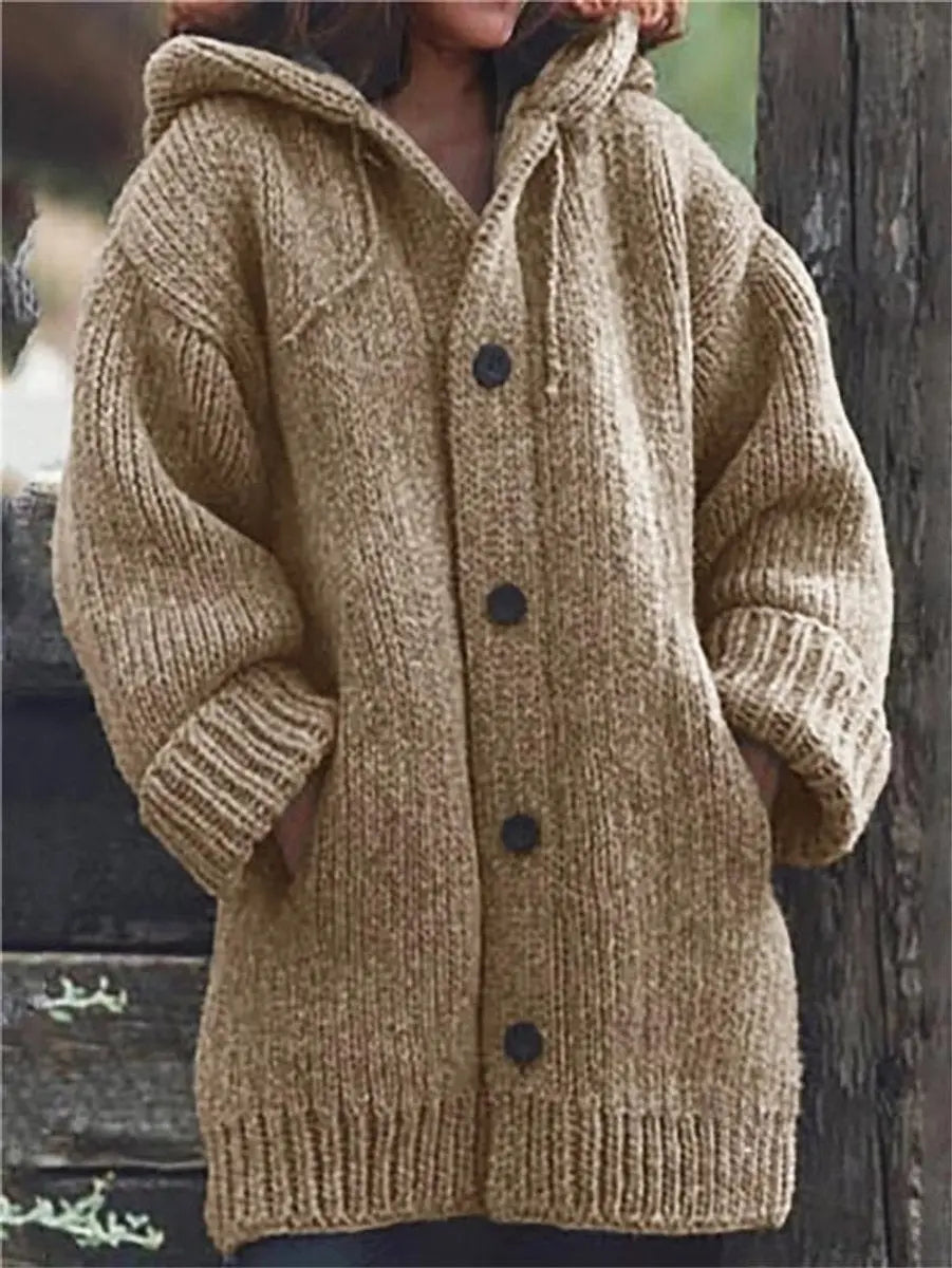 Women's Oversized Hooded Knit Button-Up Cardigan - Khaki