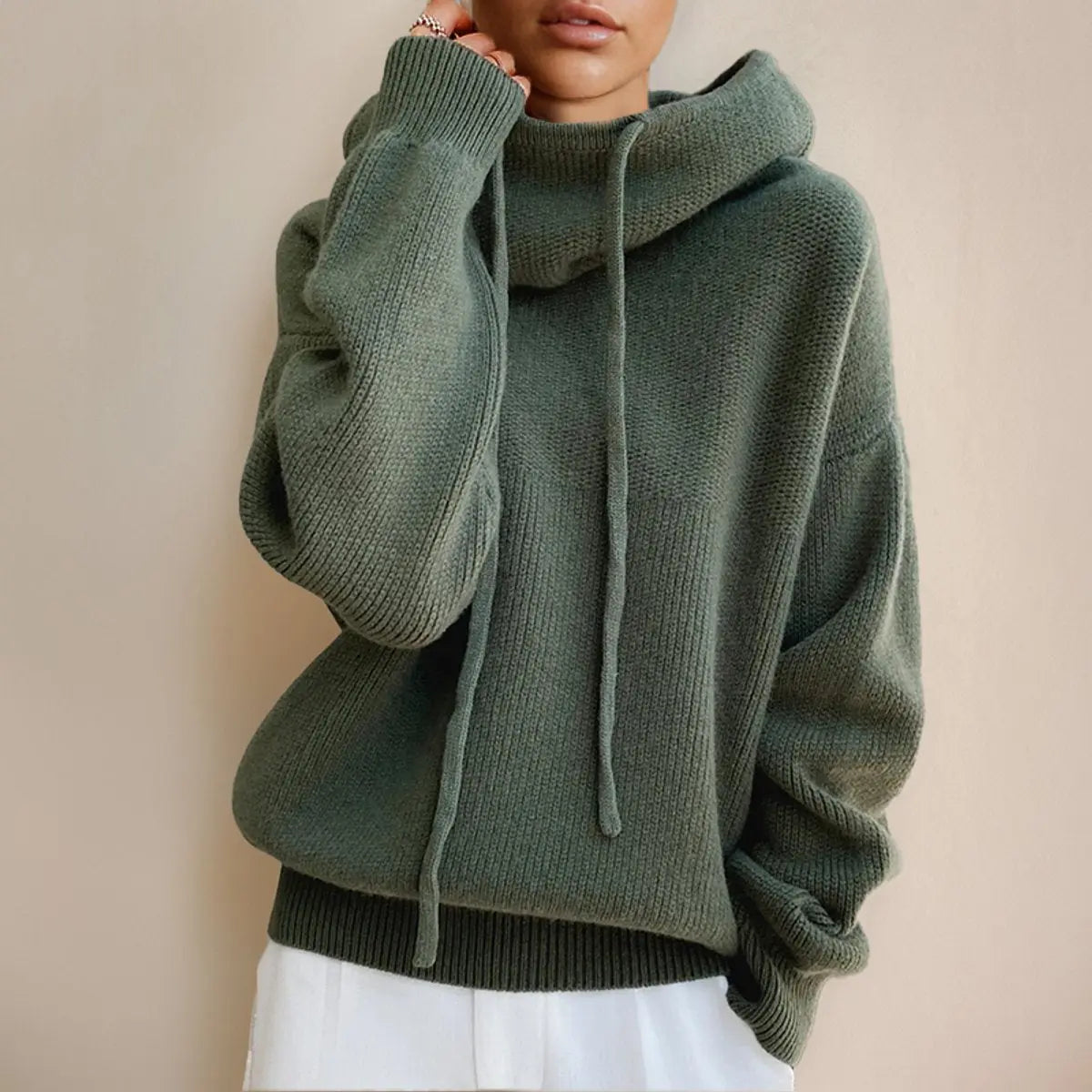 Women's Oversized Hooded Knit Turtleneck Sweater - Green